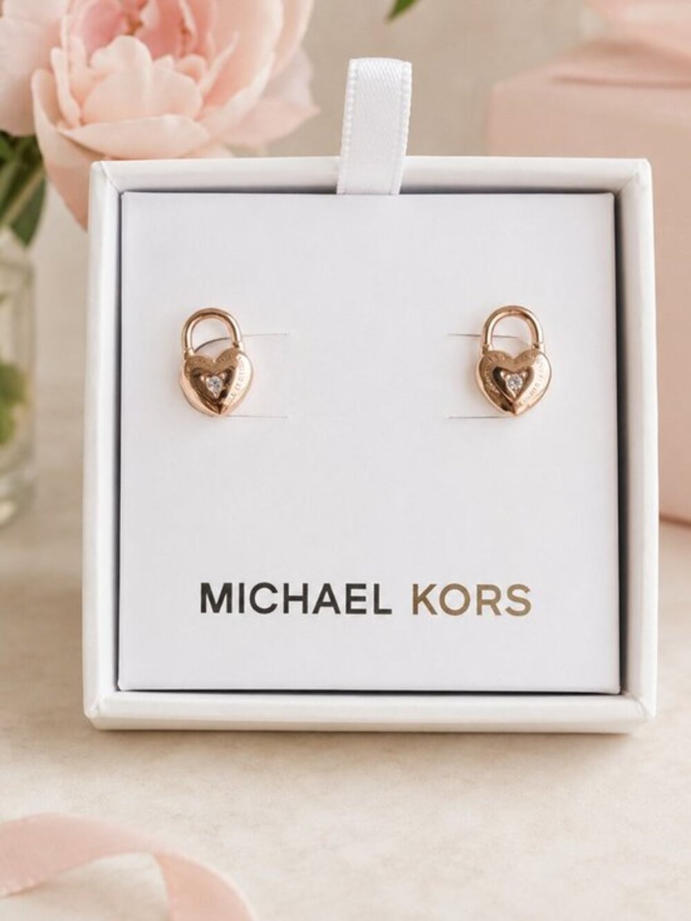 Michael Kors Rose Gold Heart Padlock Stud Earrings Crystal NWT